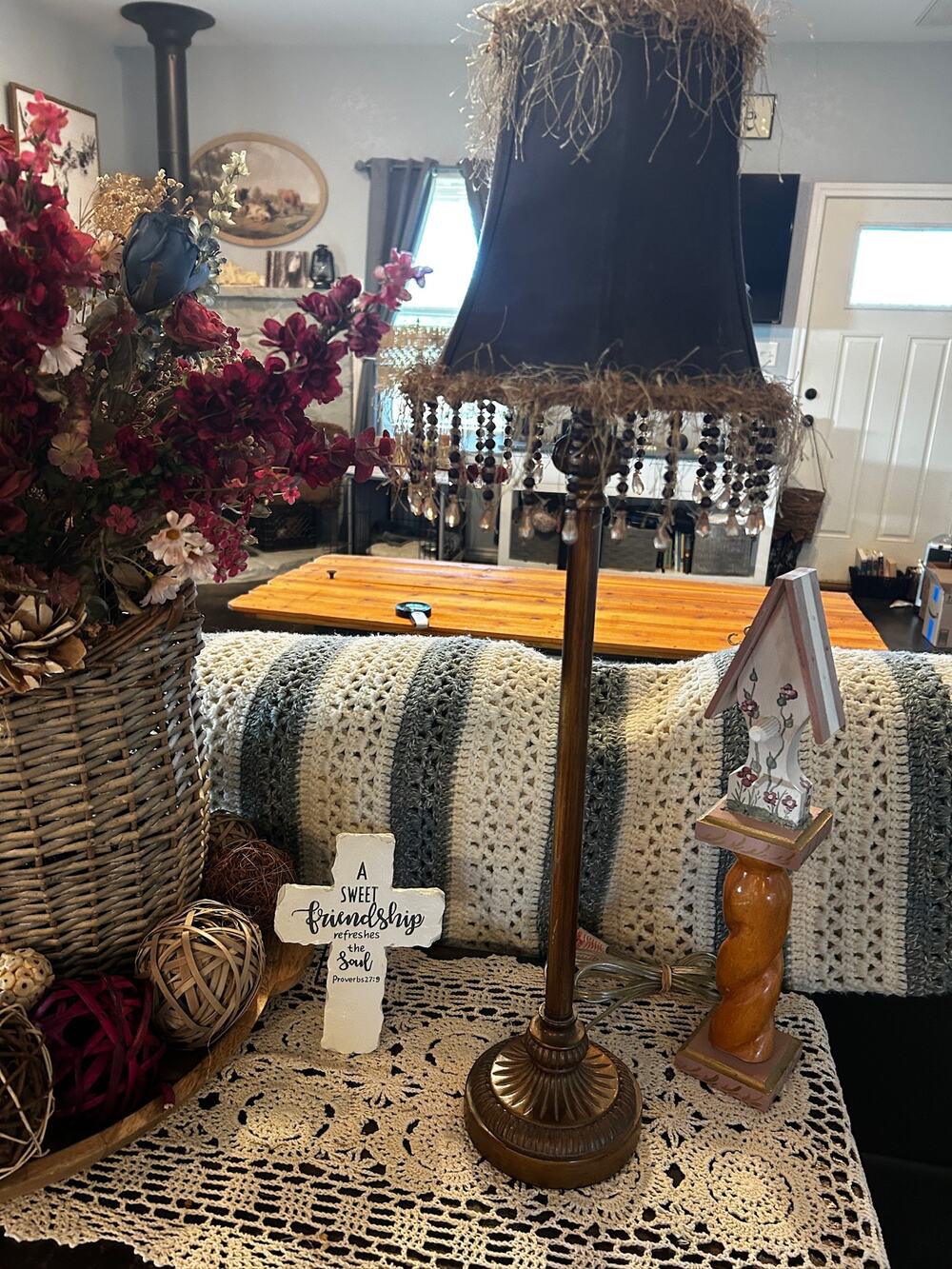 Victorian Shabby Chic Brass Accent Lamp, Dark Fringed Shade, Working